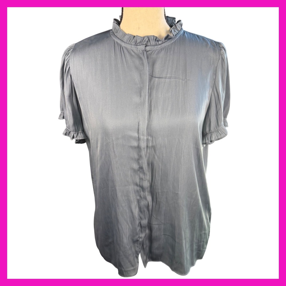 T Tahari Women's Ruffle Mock Neck Button‎ Front Short Sleeve Top Size Small
